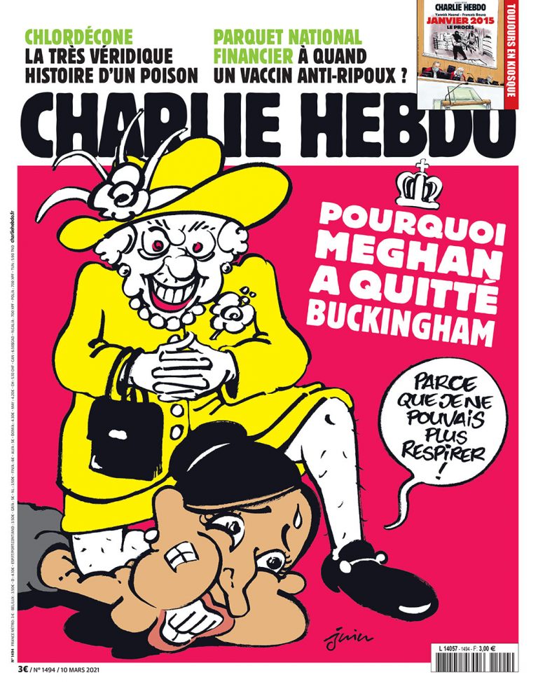 Kráľovná kľačí na krku Meghan. Charlie Hebdo pasoval obvinenia z rasizmu do roly Floyda a policajta