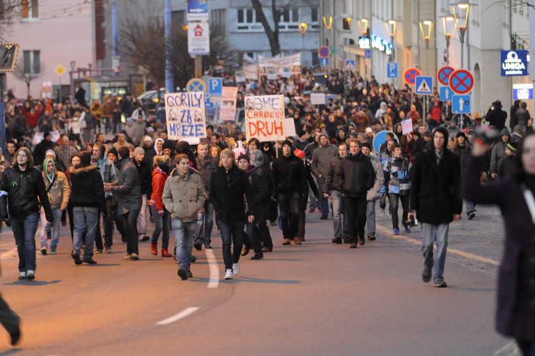 Na snímke účastníci protestu Gorila prechádzajú Zámockou ulicou 27. januára 2012 v Bratislave. Foto: Michal Svítok/TASR