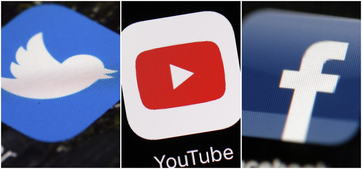 Logá spoločností, zľava Twitter, Youtube a Facebook. Foto: TASR/AP
