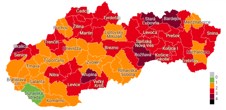 Od pondelka bude päť okresov v bordovej farbe, Dunajská Streda bude jediná zelená