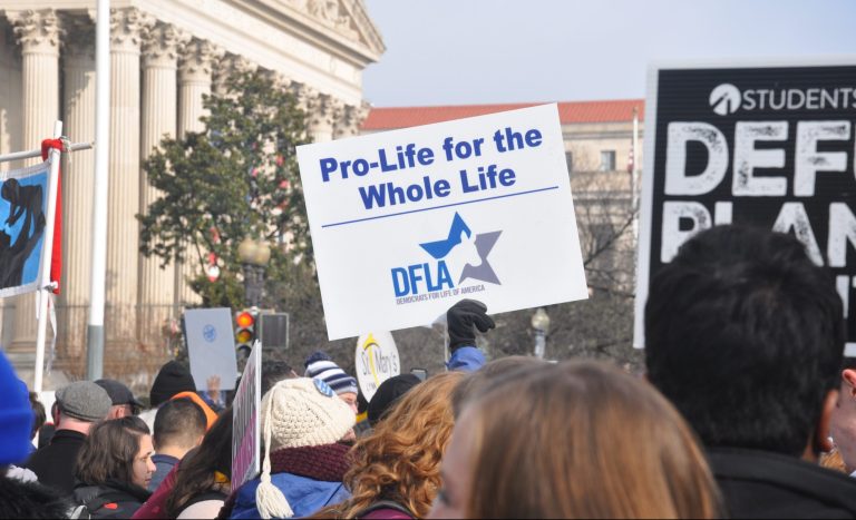 Na transparente počas demonštrácie vo Washingtone sa nachádza nápis PRO-LIFE PO CELÝ ŽIVOT. V ruke ho drží fanúšička tábora demokratov, ktorí sa vyznačujú naopak pro-choice postojmi. Nedávno v Kongrese pretlačili obludné zabíjanie detí v akejkoľvek fáze tehotenstva. Foto: Unsplash.com