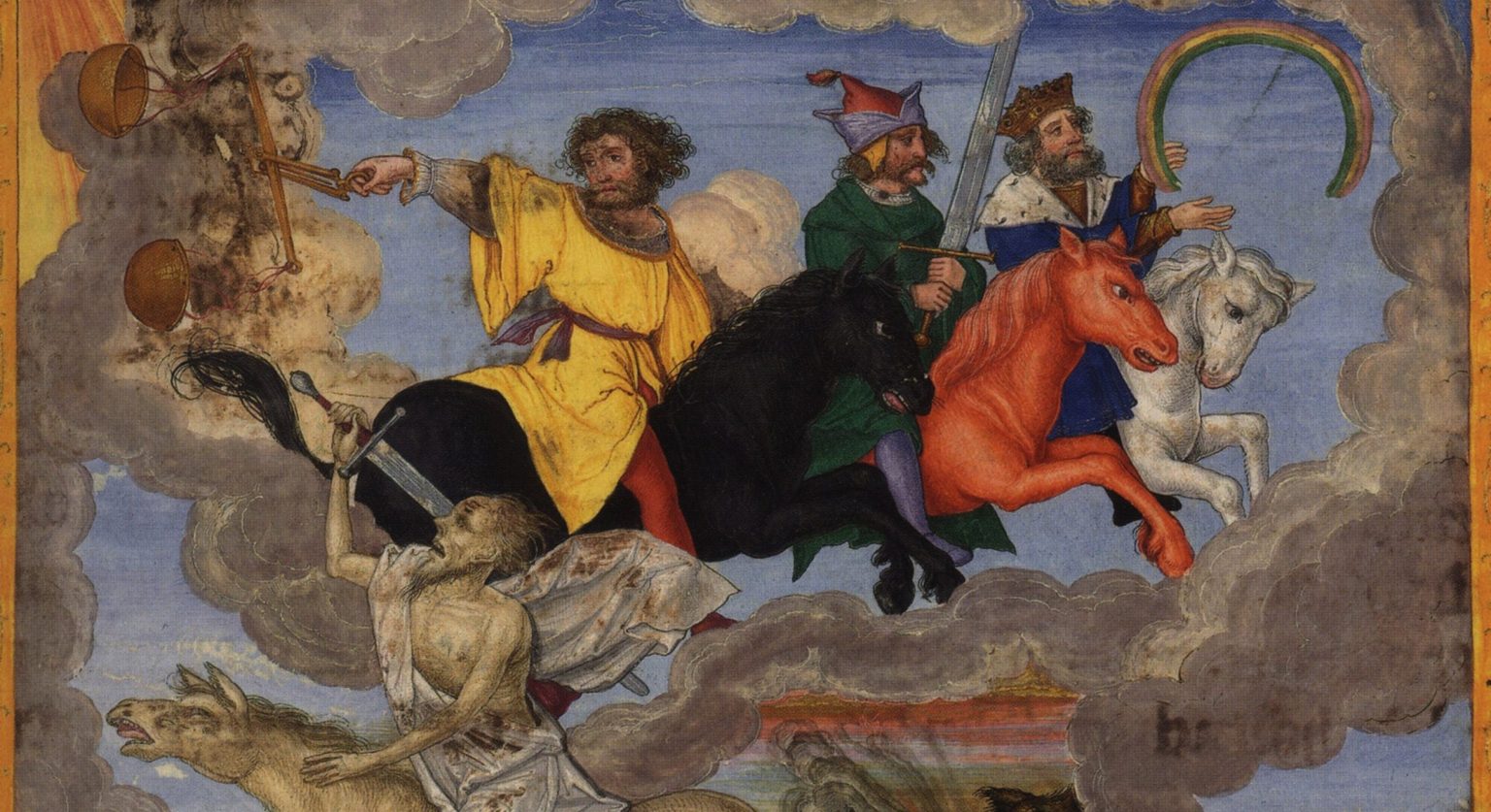 Štyria jazdci z Apokalypsy, ilustrácia Matthiasa Gerunga k Ottheinrichovej Biblii z 1. polovice 16. storočia. Zdroj: Wikimedia