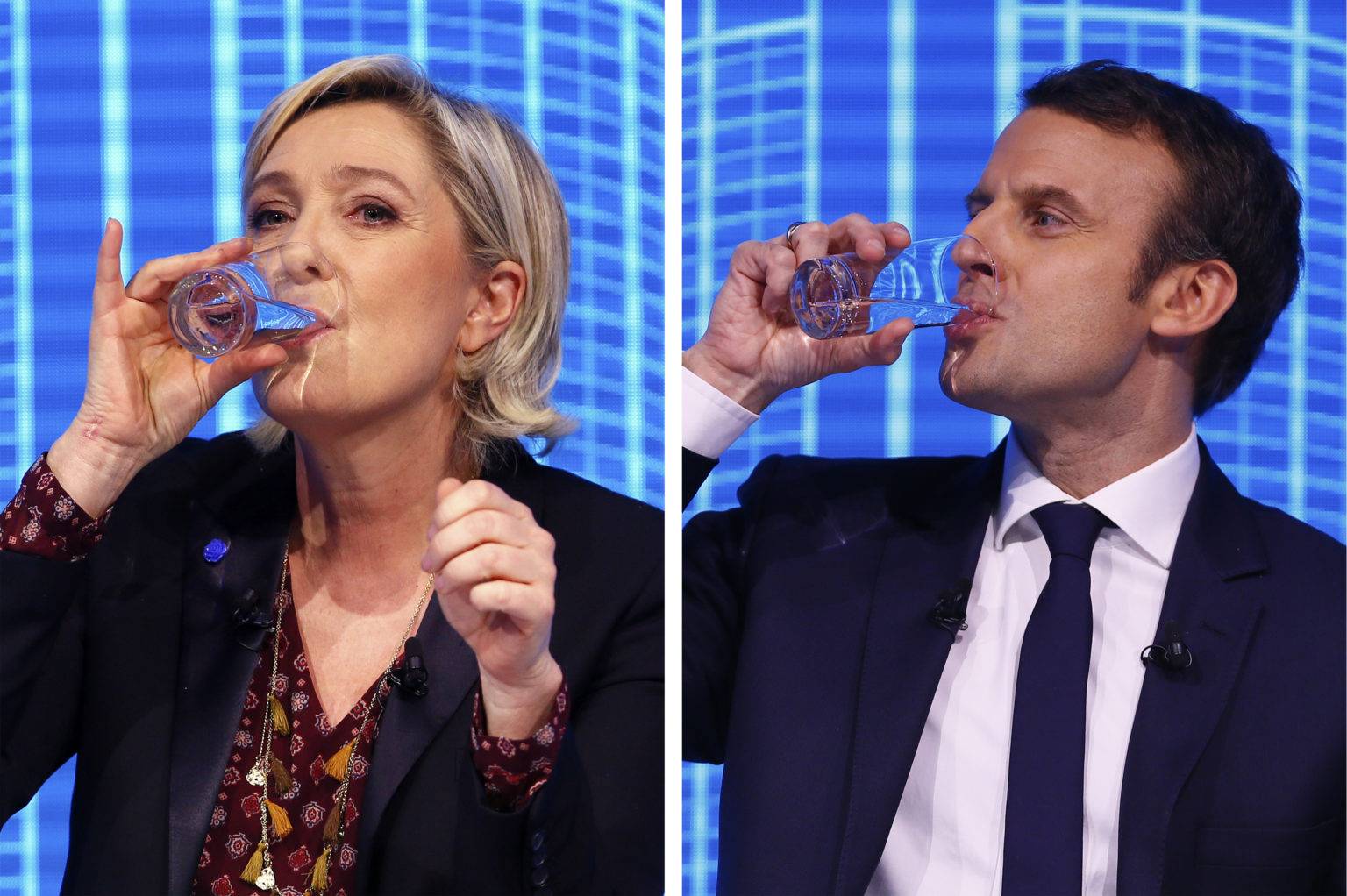 Na kombosnímke Marine Le Penová a a Emmanuel Macron počas debaty v roku 2017. 
Foto: TASR/AP