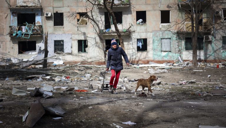 Muž kráča so psom okolo bytovky zničenej po ostreľovaní na okraji ukrajinského Mariupola na území pod kontrolou separatistickej vlády Doneckej ľudovej republiky v utorok 29. marca 2022. Foto: TASR/AP