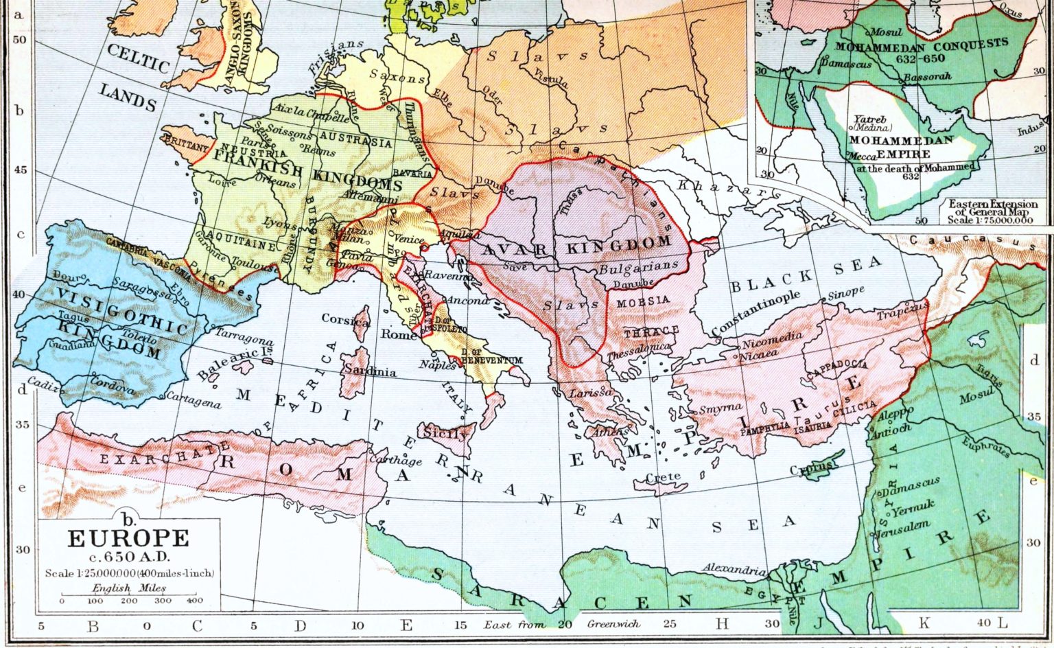 Avarský kaganát okolo roku 650 n. l. Zdroj: By Ramsey Muir - Muir's Historical Atlas--Mediaeval and Modern ( London, 1911), Public Domain, https://commons.wikimedia.org/w/index.php?curid=17019845