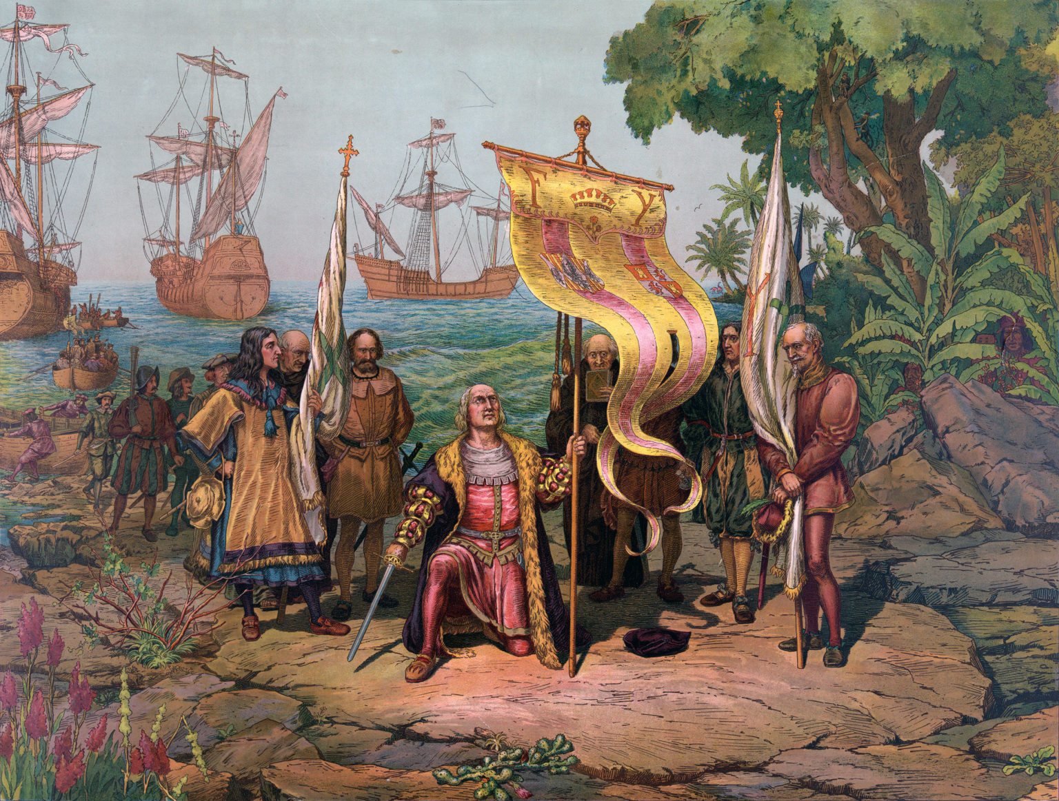 Kolumbus vyhlasuje zem, kde sa vylodil za územie španielskej koruny. Ilustrácia u roku 1893. Foto: wikimedia