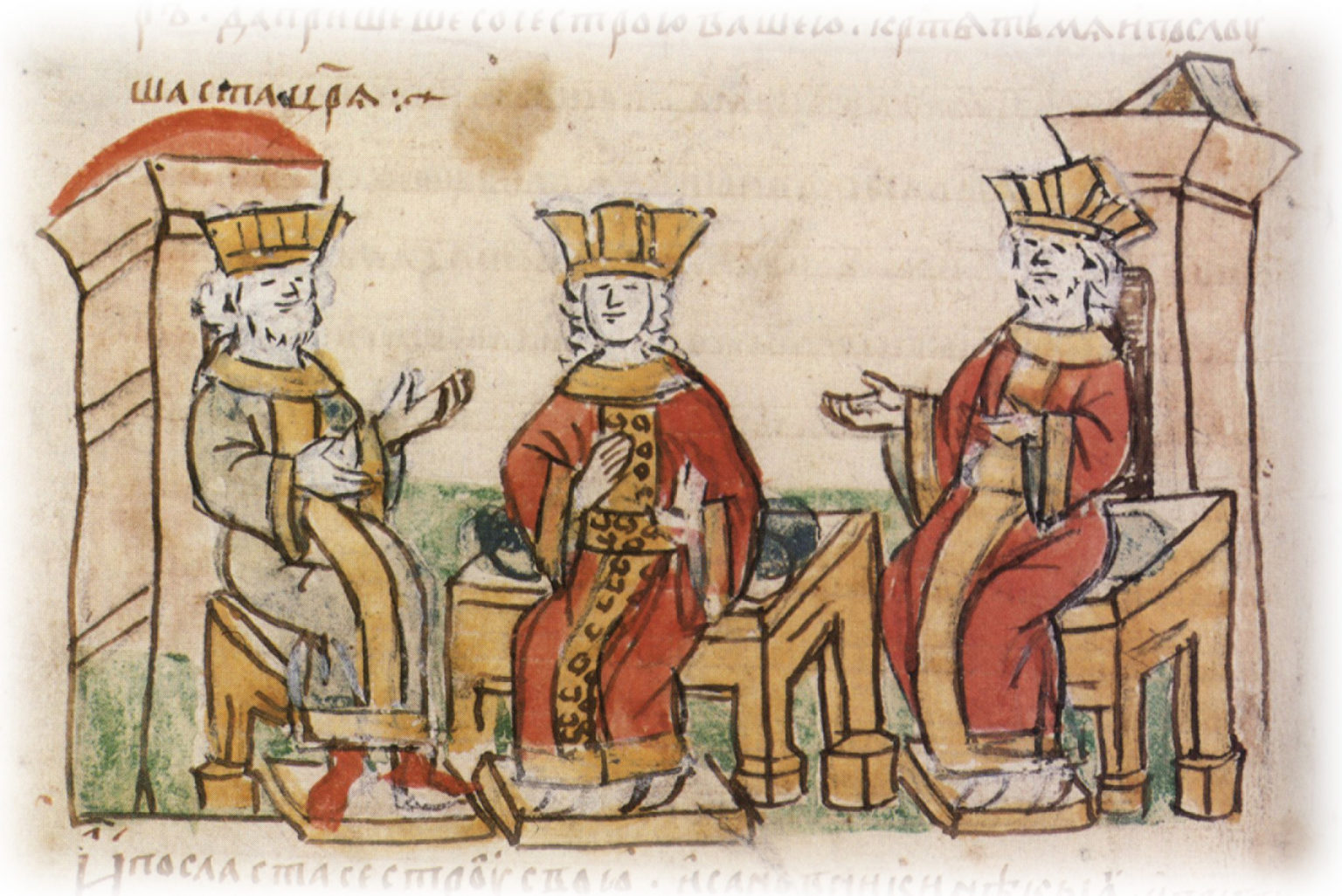 Spoluvládcovia Bazil II. a Konštantín VIII. sa snažia presvedčiť princeznú Annu, aby sa vydala za Vladimíra. Foto: wikimedia