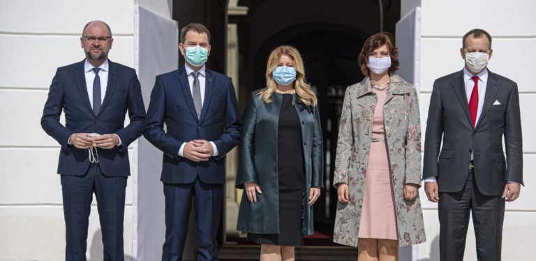 Richard Sulík, Igor Matovič, Zuzana Čaputová, Veronika Remišová a Boris Kollár. Záber po voľbách 2020. Foto: TASR/Michal Svítok