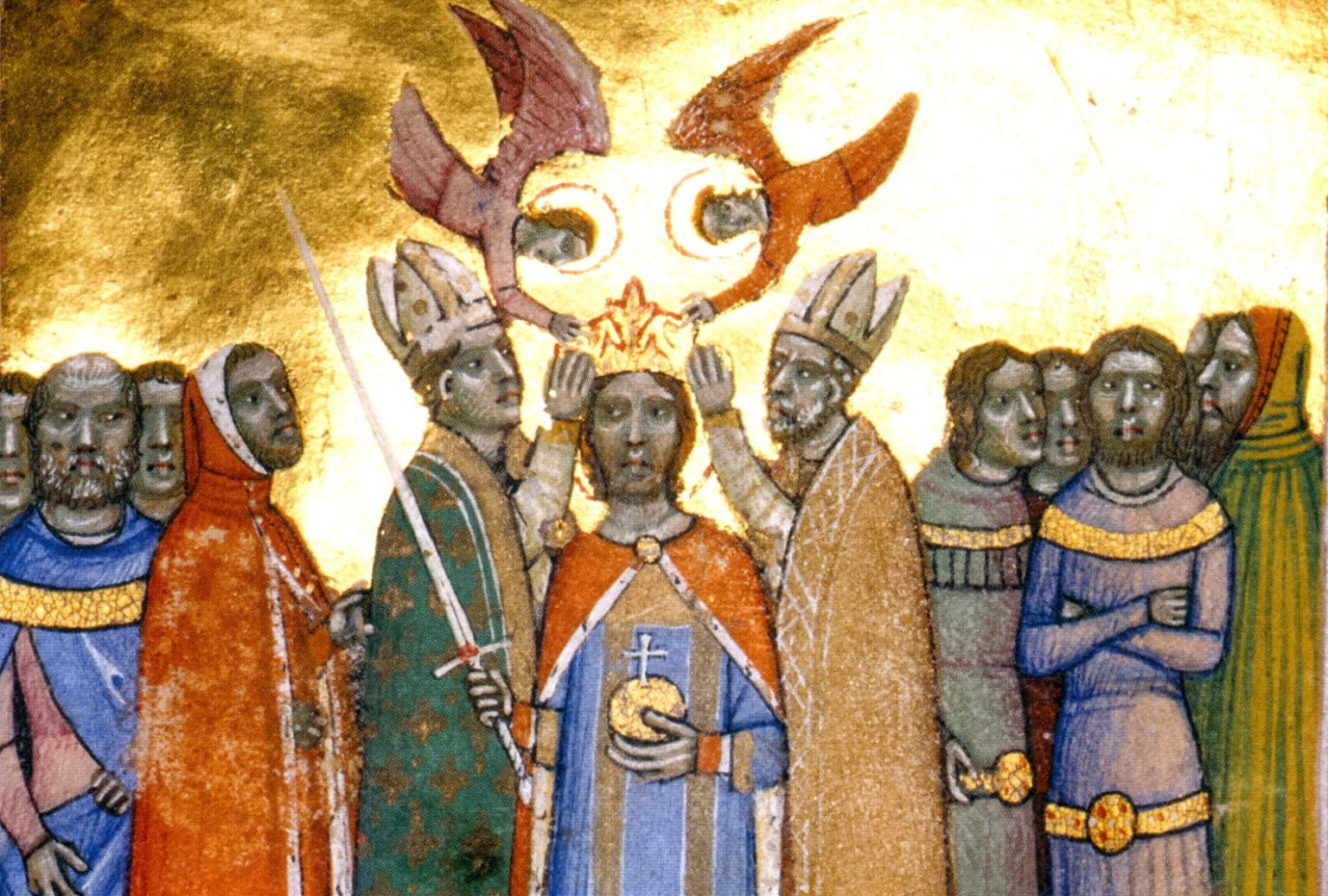 Korunovácia sv. Ladislava na miniatúre, Chronicon Pictum. Foto: wikimedia