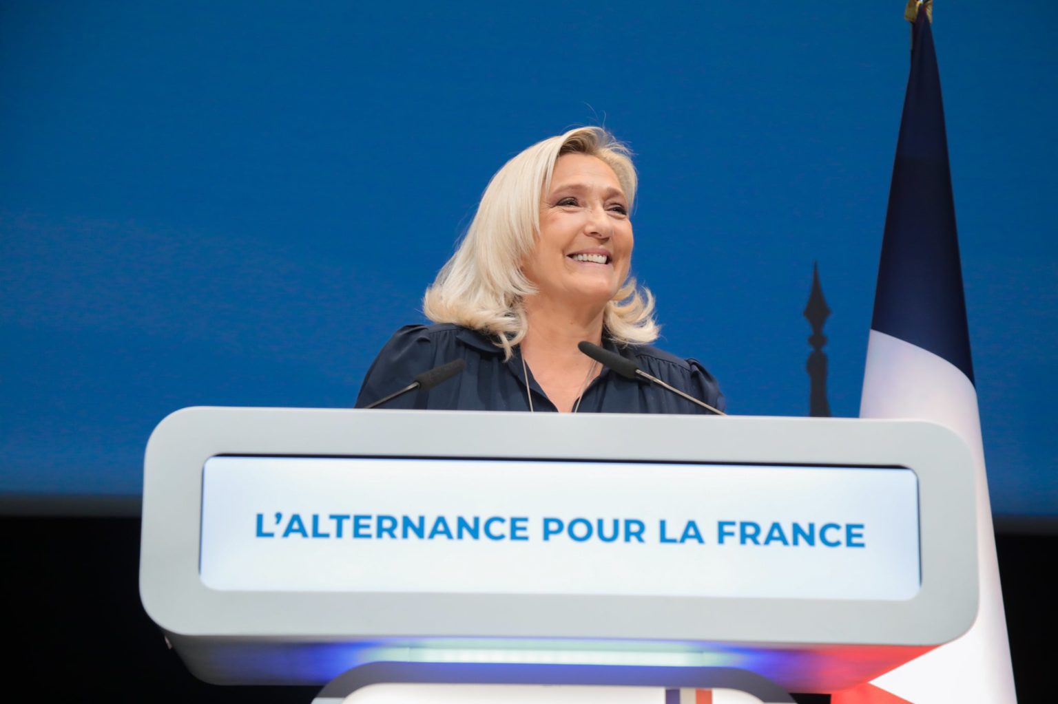 Marine Le Penová počas víkendového straníckeho snemu.
Foto: Twitter / Marine Le Penová