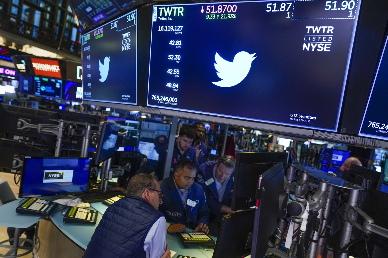 Na archívnej snímke zo 4. októbra 2022 burzoví makléri obchodujú na newyorskej burze. Na obrazovkách logo spoločnosti Twitter. Foto: TASR/AP