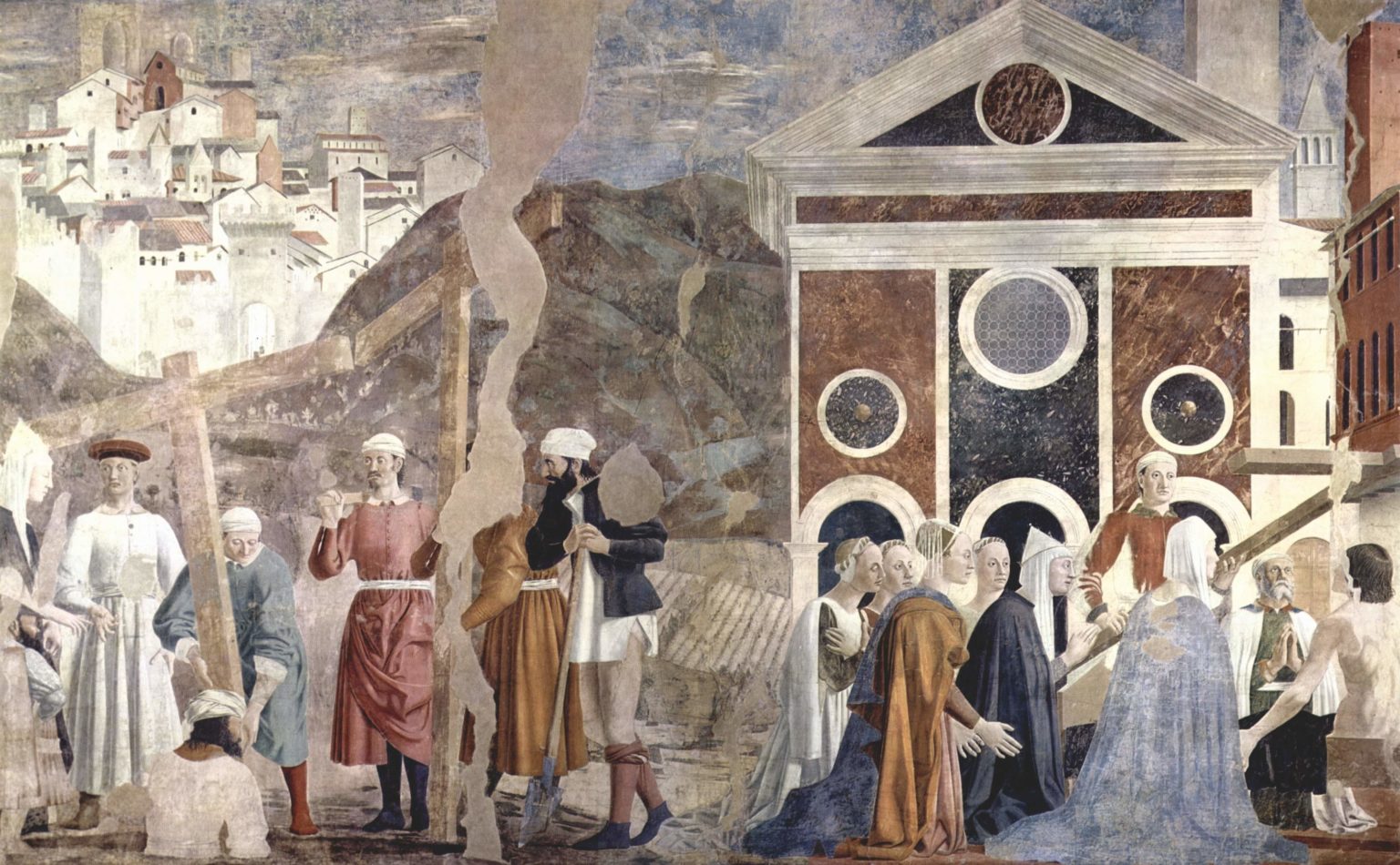 Maľba Piero della Francesca zobrazujúca objavenie troch krížov a zázrané vyliečenie pri Kristovom kríži. Foto: wikimedia