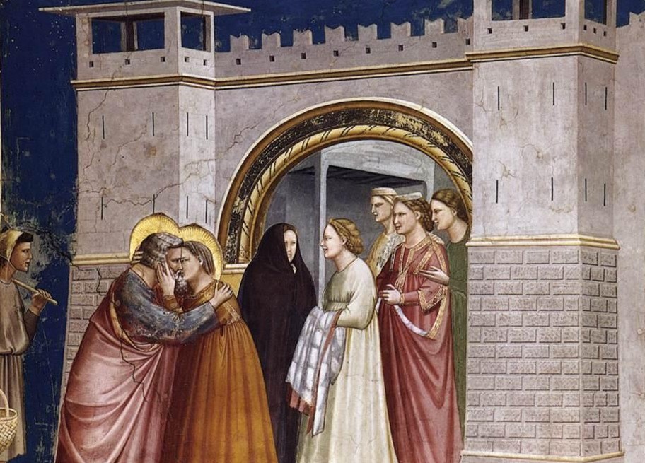Giotto: Stretnutie pri zlatej bráne (1304-1306). Téma nepoškvrneného počatia Panny Márie sa zväčša zobrazuje s dospelou Máriou, Giotto ju vyjadril zdržanlivým bozkom Joachima a Anny, rodičov Panny Márie. Foto: Wikimedia