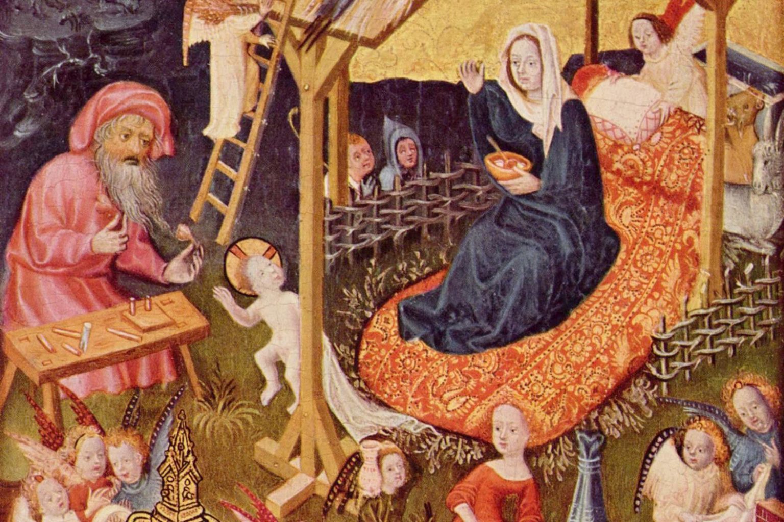 Stredorýnsky majster okolo roku 1420. Stredoveká predstava zázračného dieťaťa, Jozef vyrába hračku, Mária sa pokúša kŕmiť Ježiška. Foto: wikimedia commons