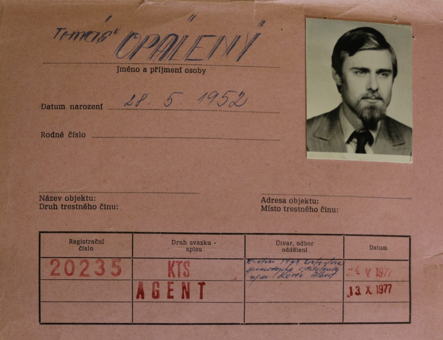 Agent Tomáš Opálený, krycie meno „BOROVICA“, Zdroj: Ústav pamäti národa