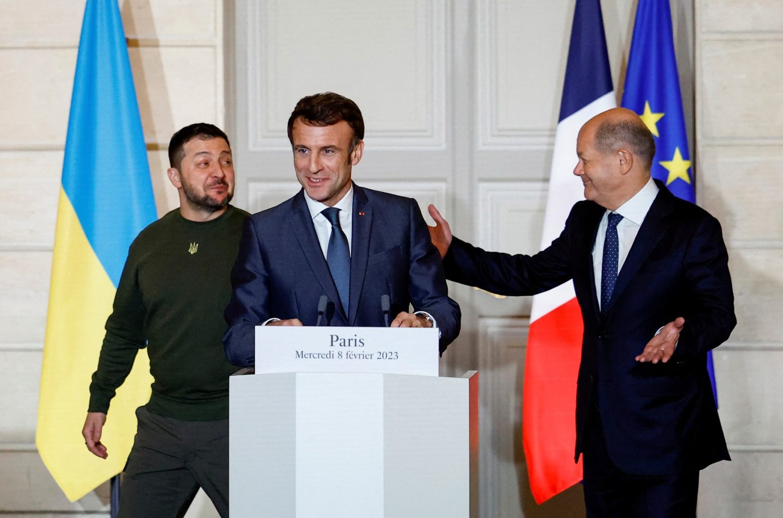 Volodymyr Zelenskyj, Emmanuel Macron a Olaf Scholz. Foto: Profimedia.sk
