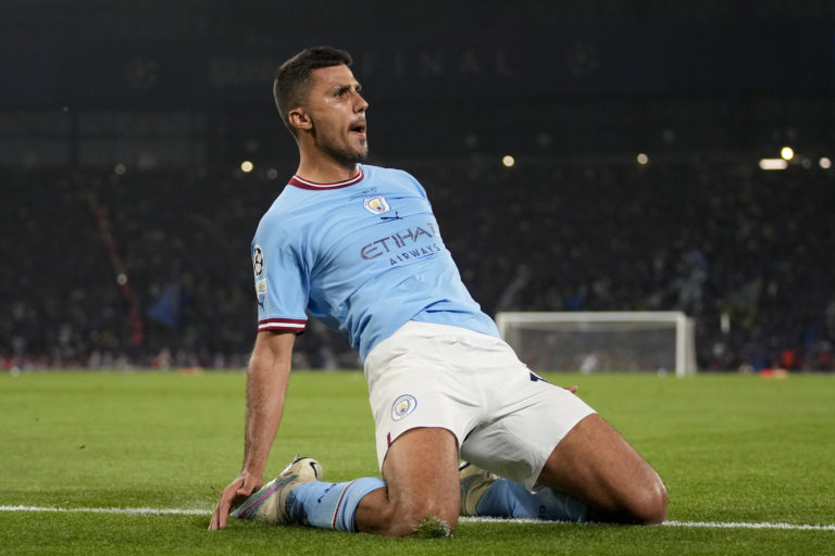 Futbalista Manchestru City Rodrigo sa teší po strelení víťazného gólu vo finálovom zápase Ligy majstrov Manchester City - Inter Miláno. Foto: TASR/AP    