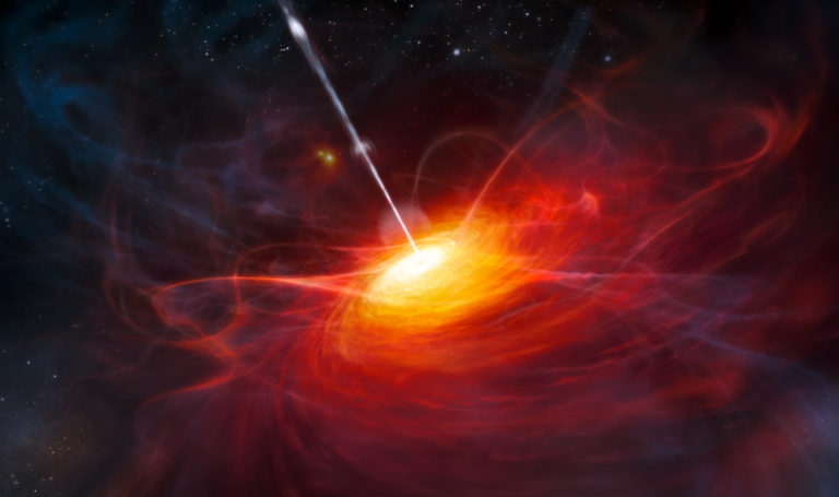 Umelecké znázornenie ULAS J1120+0641, veľmi vzdialeného kvazaru, poháňaného čiernou dierou s hmotnosťou 2 milióny hmotností Slnka. Foto: ESO/M. Kornmesser/Wikipedia