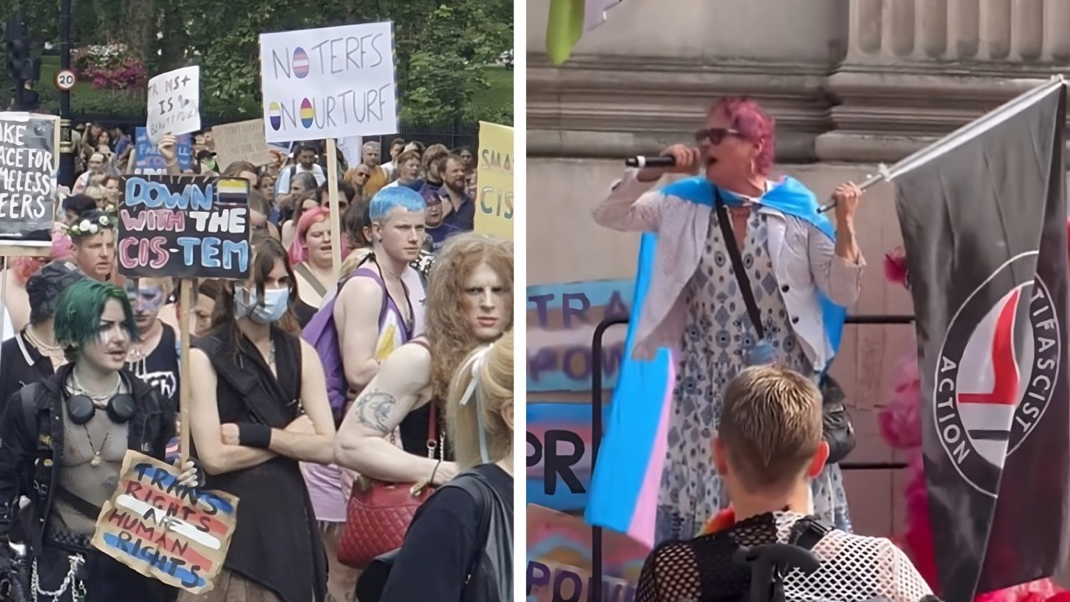 Vľavo: záber z pochodu trans hrdosti 2023. Vpravo: Sarah Jane Barker počas prejavu na pódiu. Zdroj: Twitter