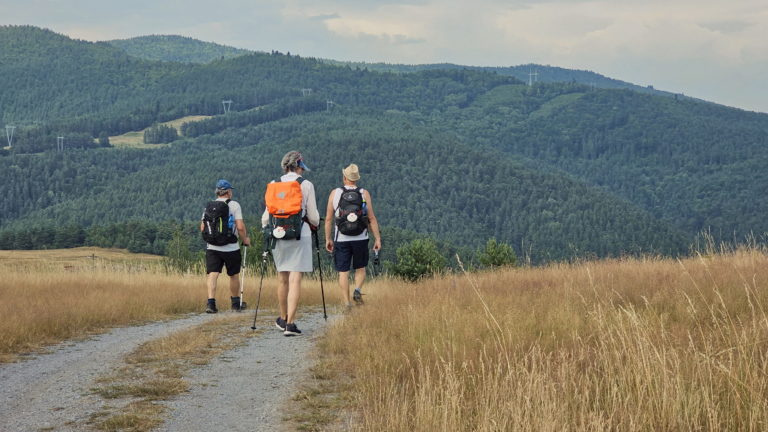 Pútnici so symbolickými mušličkami na tohtoročnej skupinovej svätojakubskej púti na Slovensku. Foto: Jaroslav Drábik