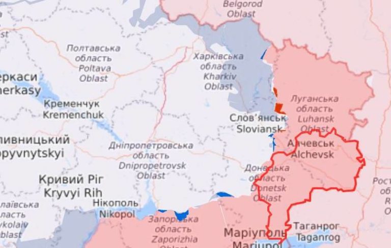 Východ Ukrajiny, červenou sú vyznačené Ruskom okupované územia, sivou a bledomodrou sú vyznačené územia, ktoré Ukrajina získala späť. Zdroj Twitter/ Ukraine UA live map. 
