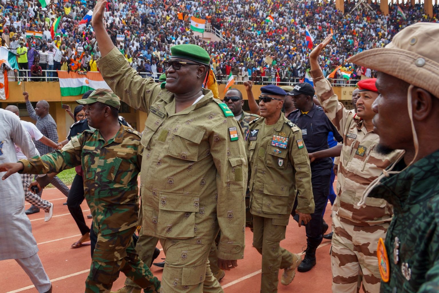 NIAMEY, NIGER - AUGUST 06: Mohamed Toumba (2nd L) one of the leading figures of the National Council for the Protection of the Fatherland attends the demonstration of coup supporters and greets them at a stadium in the capital city of Niger, Niamey on August 6, 2023. The 7-day deadline given by Economic Community of West African States (ECOWAS) to the military junta on July 30 for the release and reinstatement of President Mohamed Bazum will expire before midnight. Balima Boureima / Anadolu Agency/ABACAPRESS.COM,Image: 794819447, License: Rights-managed, Restrictions: , Model Release: no, Credit line: Profimedia