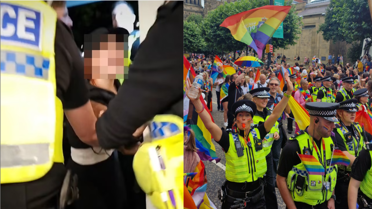 Vľavo: záznam z zadržiavania autistky. Vpravo: LGBTQ sekcia Polície West Yorkshire na pochode hrdosti. Zdroj: Daily Mail/Twitter