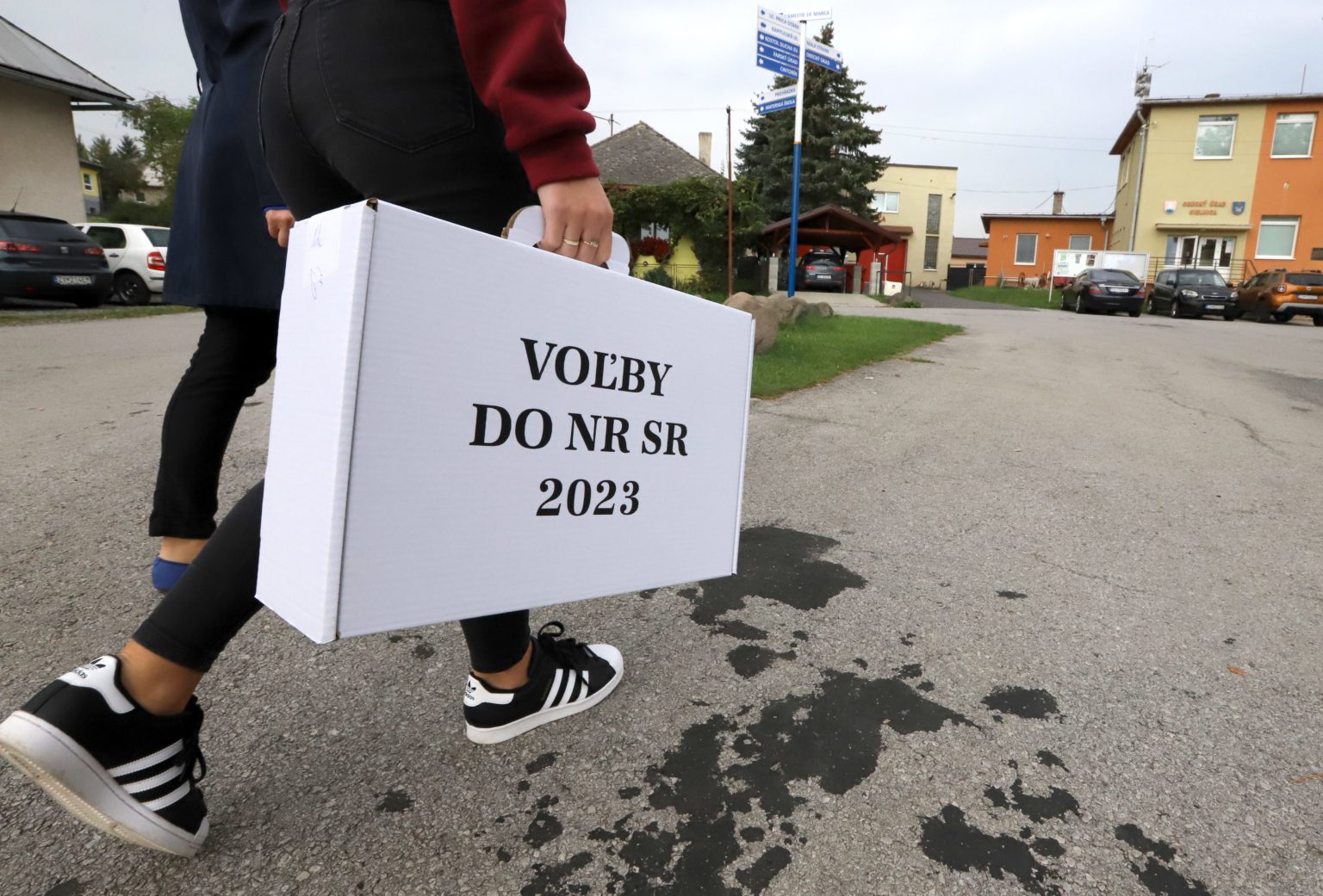 V Sielnici pri Zvolene členovia volebnej okrskovej komisie idú s prenosnou volebnou schránkou za voličmi. FOTO TASR - Ján Krošlák