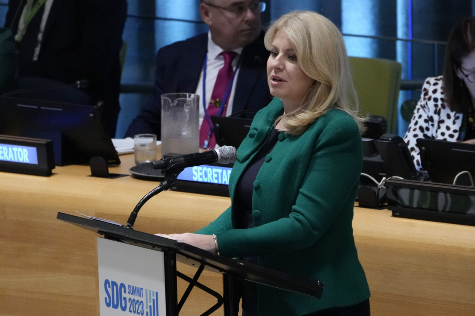 Slovenská prezidentka Zuzana Čaputová hovorí na Summite trvalo udržateľného rozvoja počas zasadnutia Valného zhromaždenia OSN 18. septembra 2023 v New Yorku. FOTO TASR/AP
