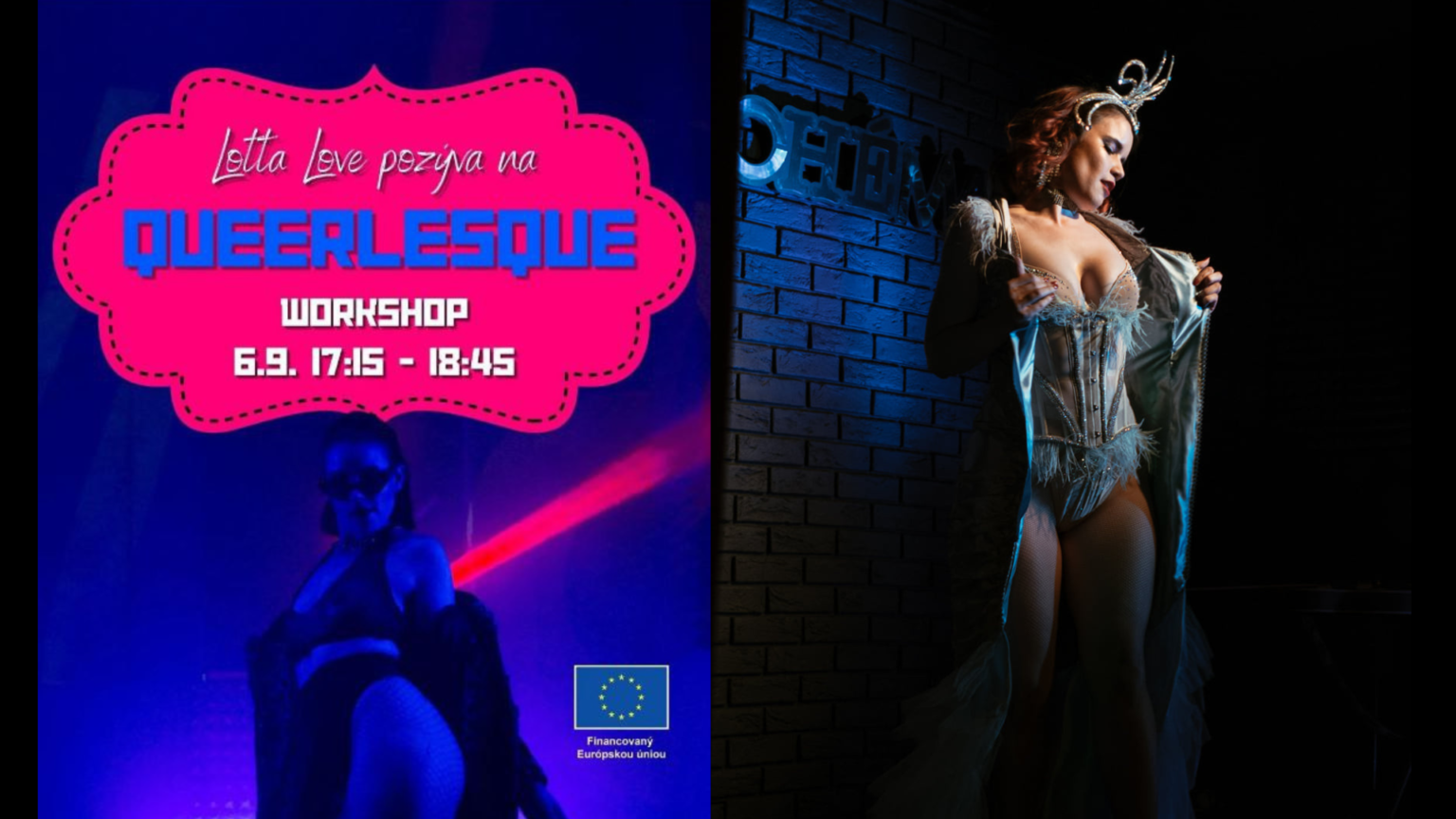 Vľavo: propagačný materiál spolku Light. Vpravo: vedúca kurzu Lotta Love pri vystúpení. Zdroj: Instagram/Facebook