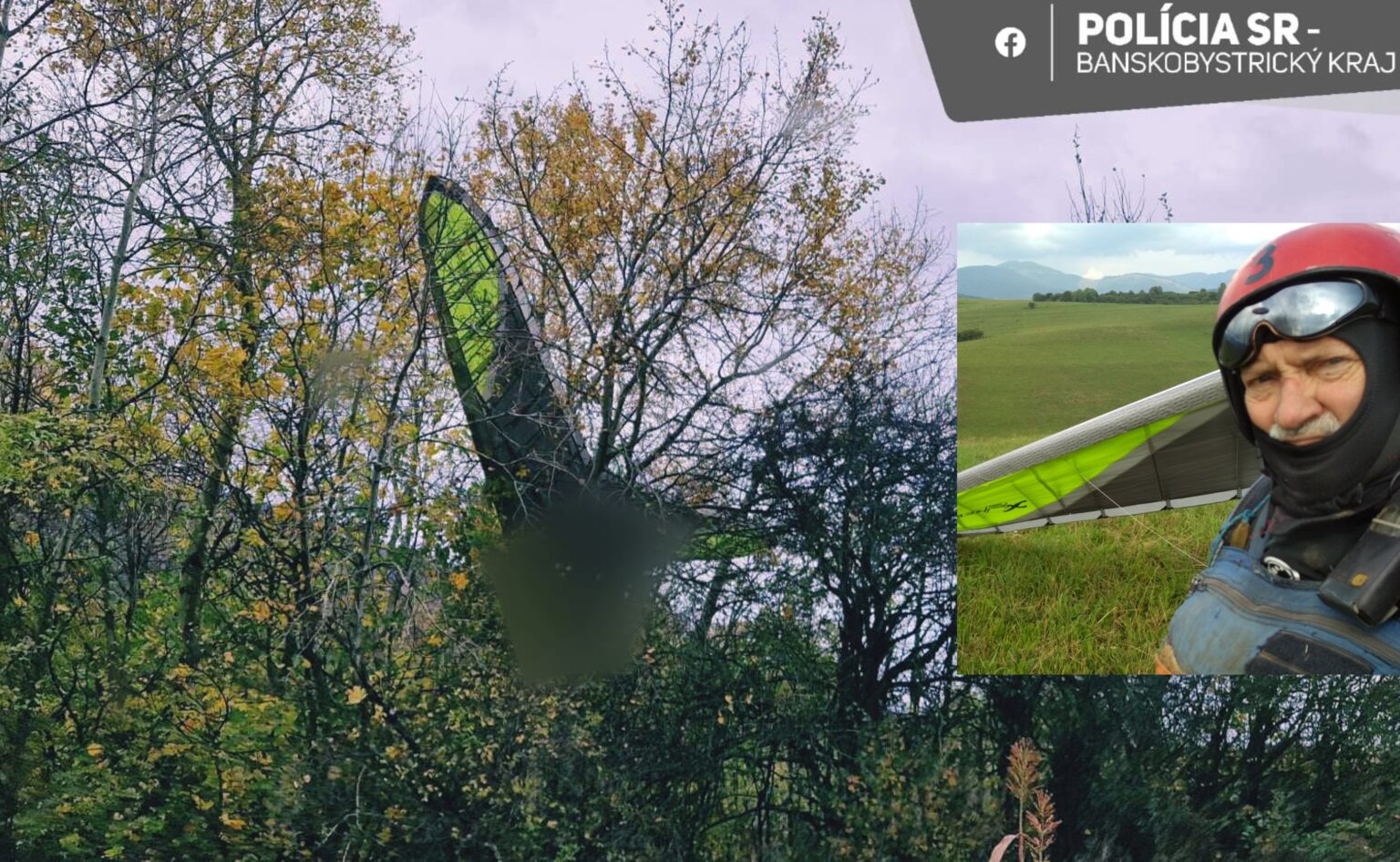 Rogalo a telo bez známok života našli policajti a záchranári v korunách stromov. Foto: FB Polícia SR BB