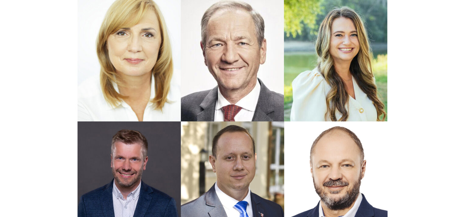 Starostka Karlovej Vsi Dana Čahojová, starosta Záhorskej Bystrice Jozef Krúpa a starostka Devína Jana Jakubkovič. Vľavo dole: Starosta Lamača Igor Polakovič, starosta Devínskej Novej Vsi Dárius Krajčír a starosta Dúbravky Martin Zaťovič. Foto: Redakcia
