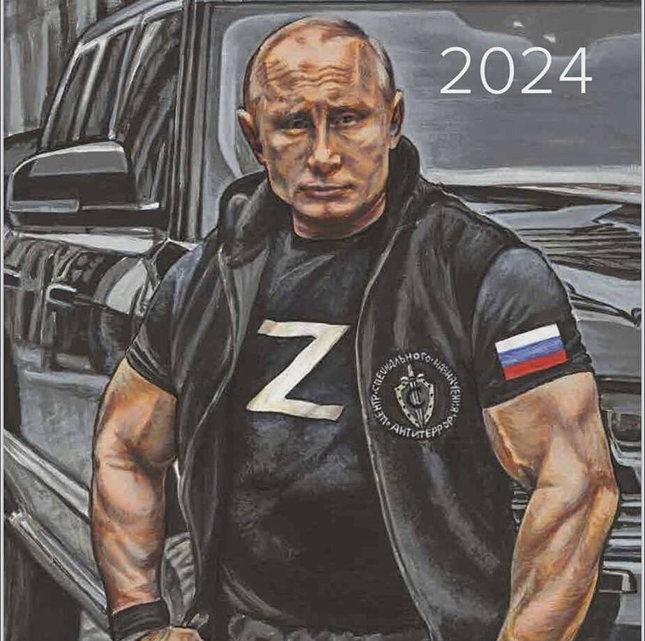 Putin s postavou kulturistu, ruský vojak pred Kapitolom. Veteráni FSB vydali bizarný propagandistický kalendár