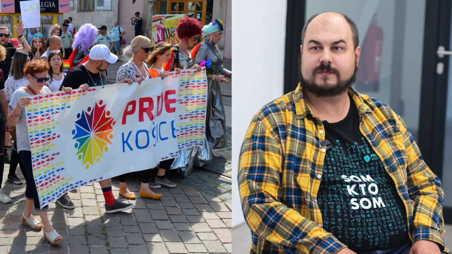 Vľavo: Pride Košice 2019. Foto TASR/Kapusta. Vpravo: Róbert Furiel. Zdroj: Facebook