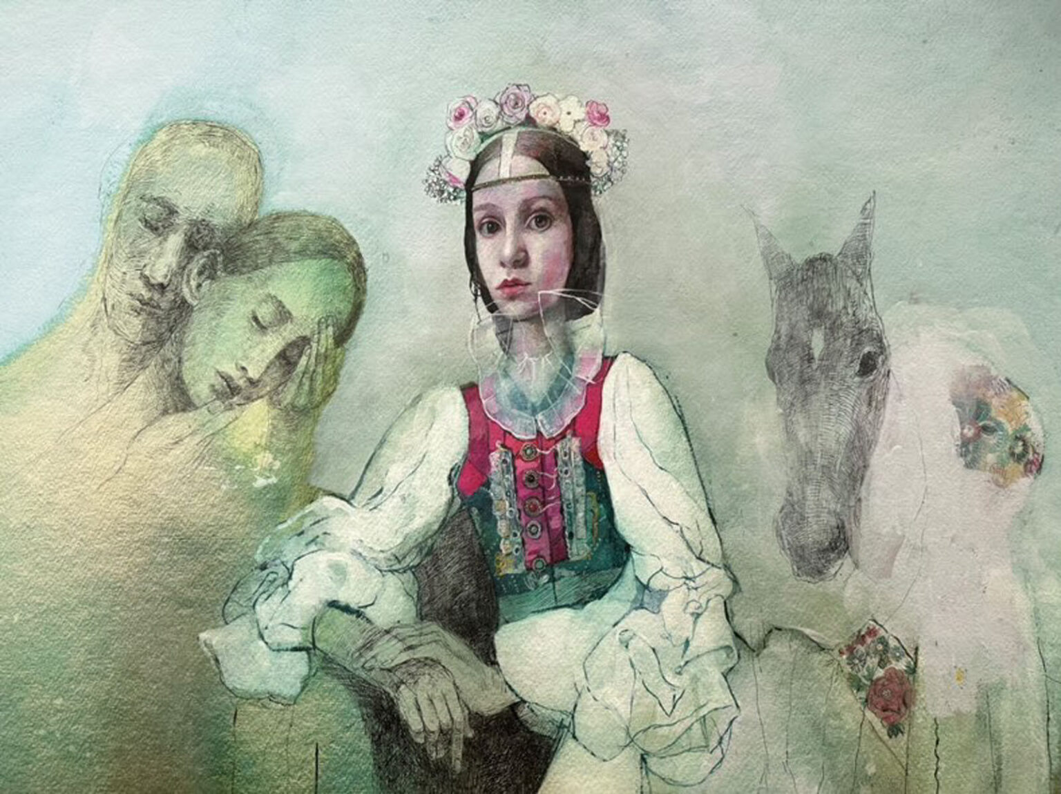 Katarína Vavrová vystavuje v Danubiane svoje imaginatívne obrazy inšpirované ľudovými krojmi. Foto: Danubiana