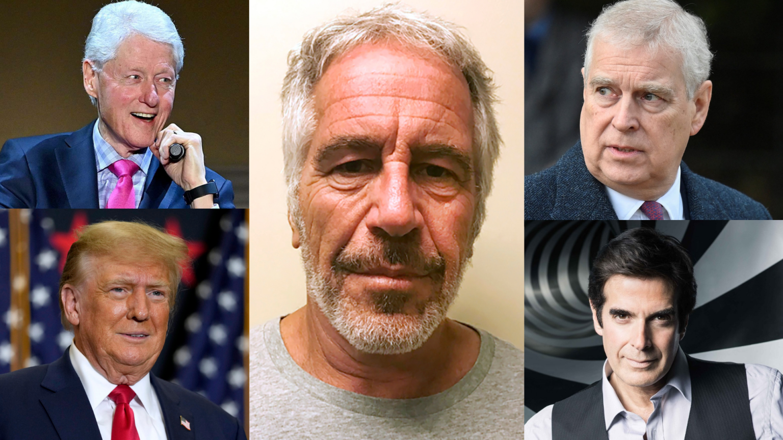 Bill Clinton, Donald Trump, Jeffrey Epstein, princ Andew a David Copperfield. Zdroj: Twitter, Facebook
