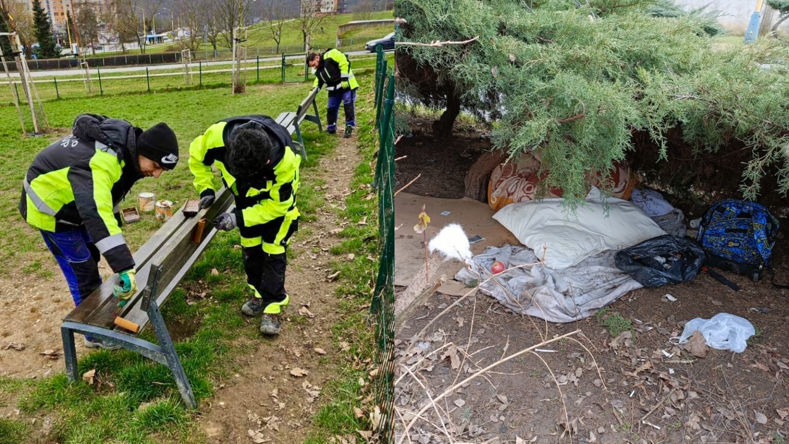 Na KVP opravujú lavičky, v MČ Juh zasa odpratávajú ležoviská. Fotokoláž: fcb KVP – najkrajšie sídlisko v Košiciach/fcb SMsZ