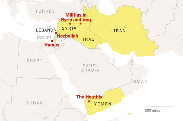 Ozbrojené skupiny na Blízkom východe s napojením na Irán. Zdroj: New York Times