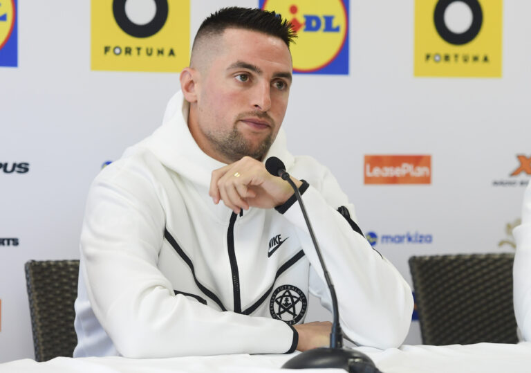 Na snímke slovenský futbalový reprezentant Róbert Mak počas tlačovej konferencie pred prípravným medzištátnym zápasom v Nórsku 25. marca 2024 v Senci. Foto: TASR/Martin Baumann
