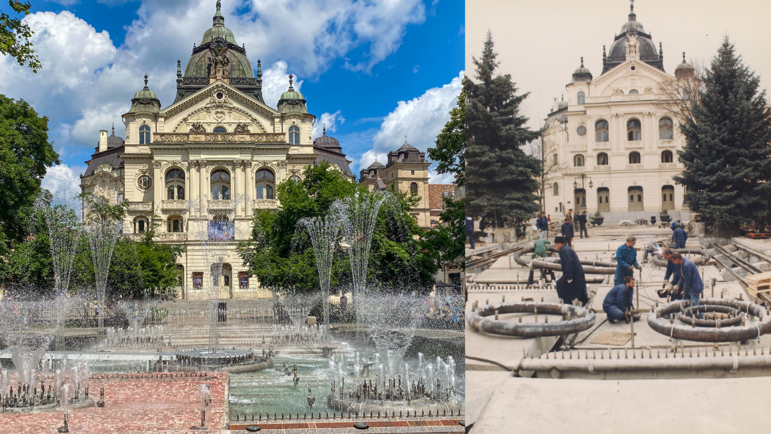 Porovnanie Spievajúcej fontány dnes a v minulosti. Foto: redakcia, Archív mesta Košice, M. Krlička
