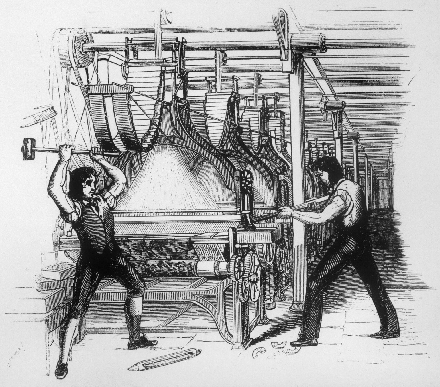 Ludditi útočia na stroje v textilnej továrni, mysliac si, že im zoberie prácu. Hĺbkotlač z roku 1812. Zdroj. Profimedia.sk