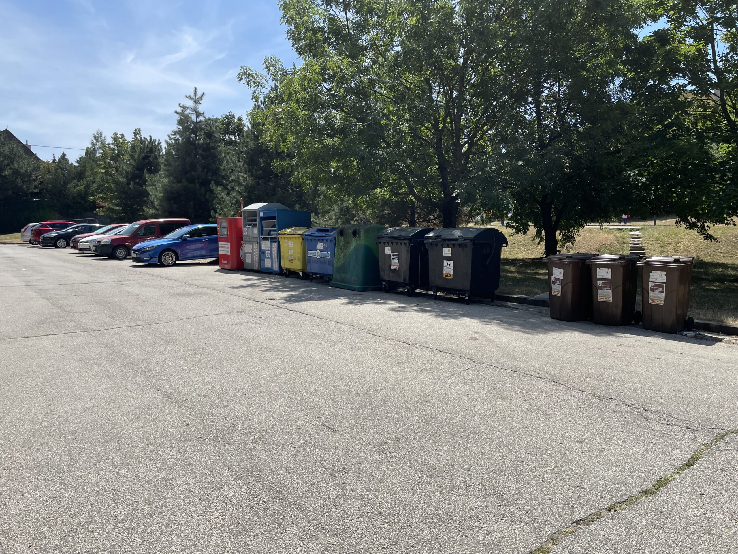 Na Bakošovej ulici zaberajú voľne stojace smetné nádoby veľkú časť miest na parkovanie. Foto: Miroslava Pavlíková