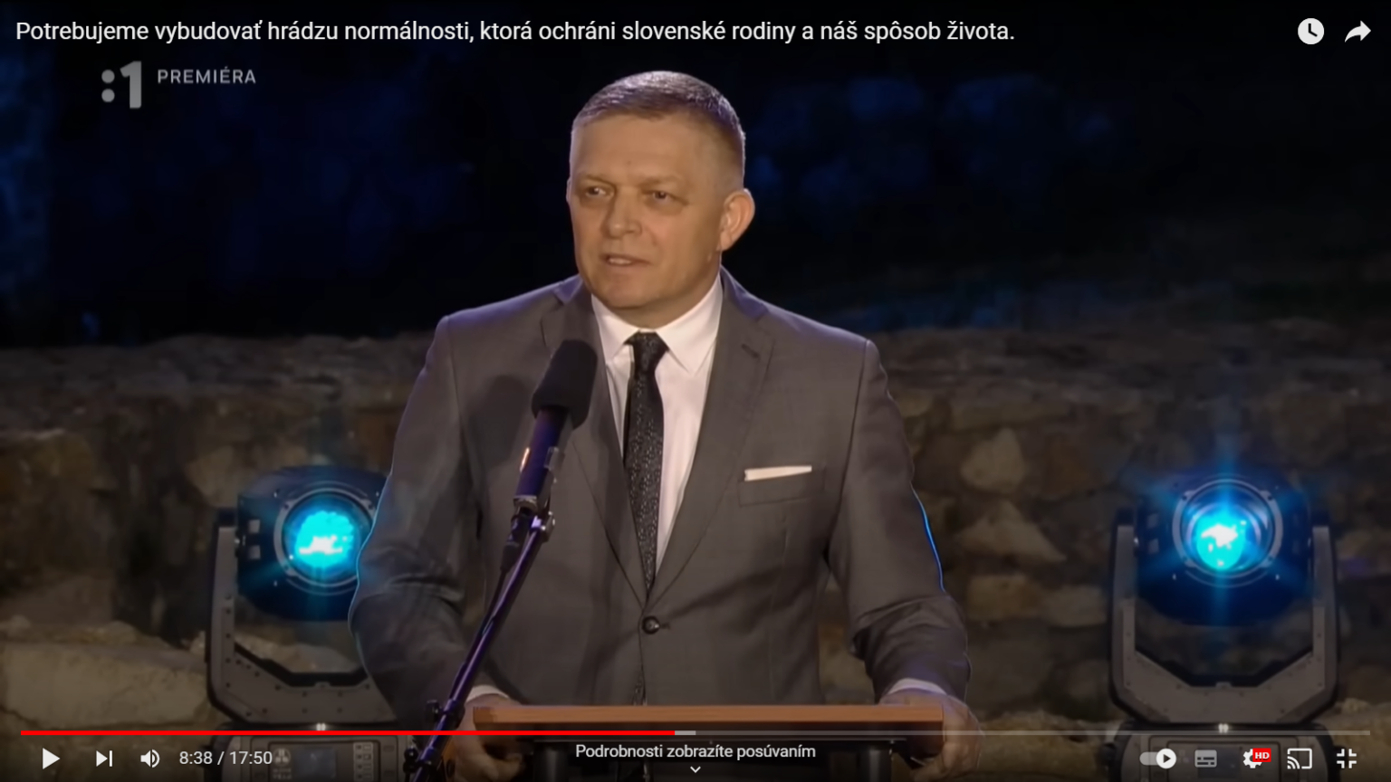 Premiér Robert Fico počas príhovoru na celonárodných oslavách pri príležitosti 1161. výročia príchodu svätých Cyrila a Metoda na územie dnešného Slovenska. Reprofoto: STVR/Youtube