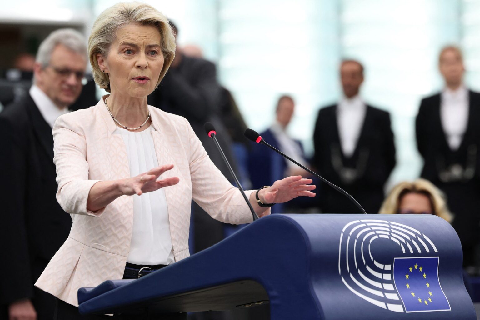 Predsedníčka Európskej komisie Ursula von der Leyenová počas prejavu v Európskom parlamente v Štrasburgu 18. júla 2024. Zdroj: Frederick Florin / AFP / Profimedia