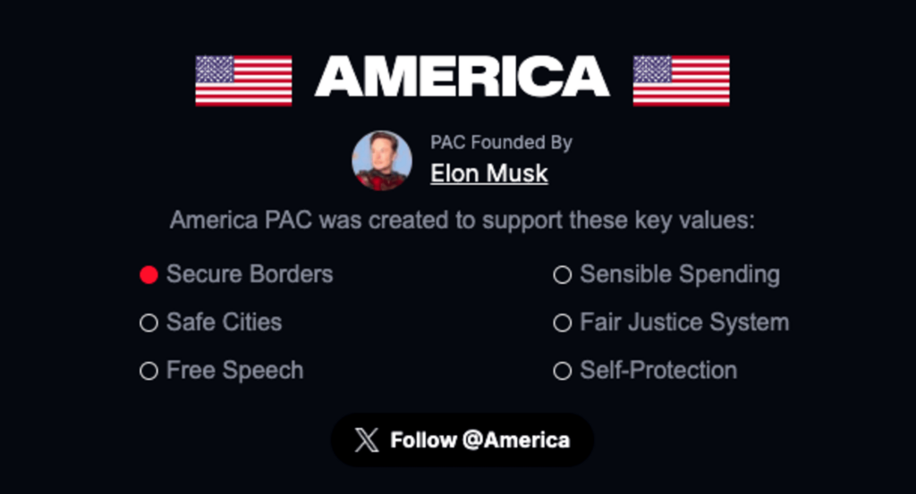 Stránka výboru pre politickú činnosť America PAC, ktorý založil miliardár Elon Musk. Reprofoto: theamericapac.org