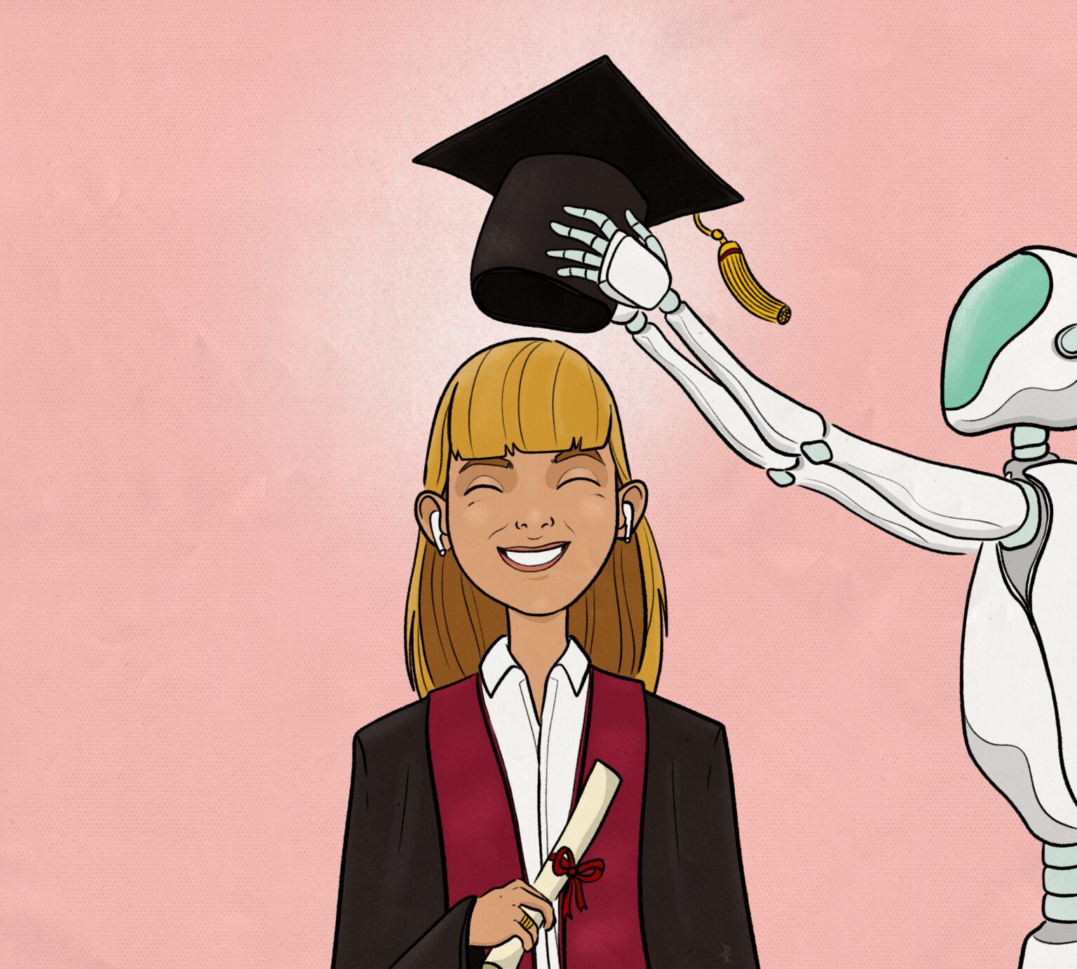 Umelá inteligencia nasádza absolventskú čiapku študentke. Ilustrácia: Vlado Palša 