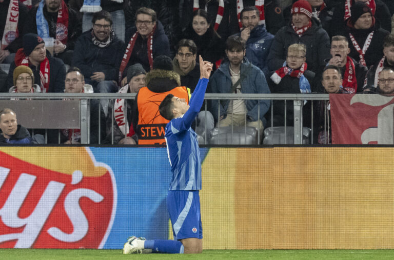 Hráč Slovana Marko Tolič sa teší z gólu počas zápasu Ligy majstrov vo futbale Bayern Mníchov - Slovan Bratislava. Foto: Martin Baumann/TASR
