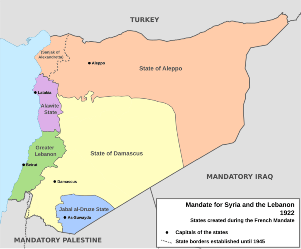 Mapa francúzskeho mandátu v Sýrii a Libanone a štáty založené v roku 2022 (anglicky). Foto: Don-kun / TUBS / NordNordWest na základe Philip Shukry Khoury: Syria and the French Mandate. The Politics of Arab Nationalism, 1920-1945, Princeton University Press, Princeton 1987. Licencia CC BY 3.0