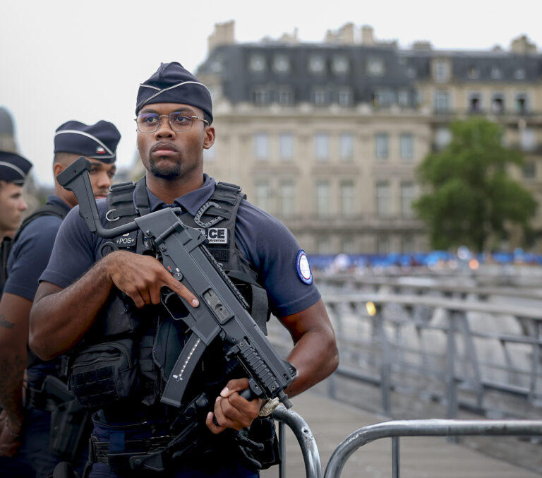 Armed police are seen during the opening ceremony of the Olympic Games Paris 2024. Photo: Alex Pantling / Getty Images
