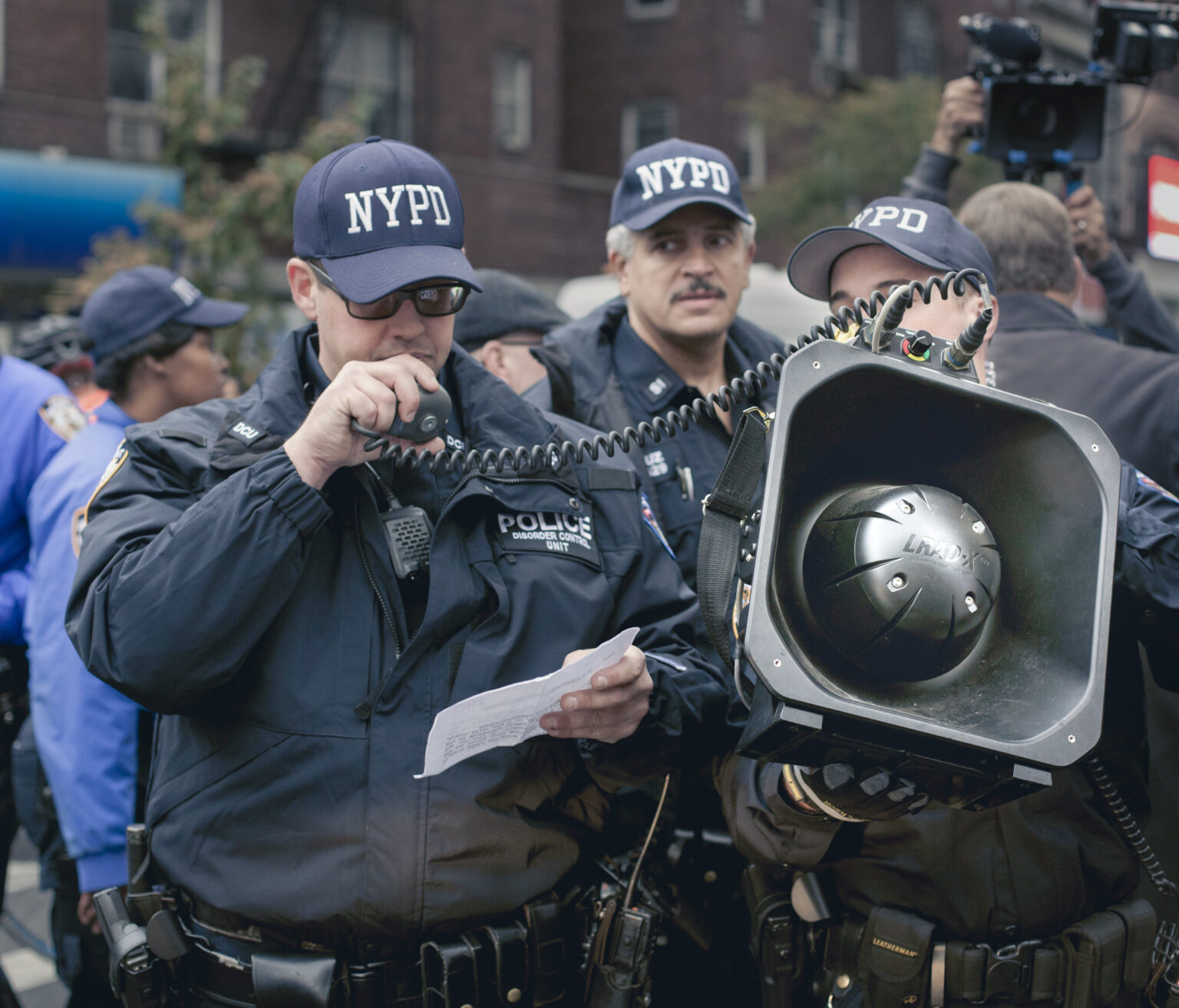 The SRG (Strategic Response Group) of the NYPD using the LRAD to give announcements. Photo: NurPhoto/NurPhoto via Getty Images